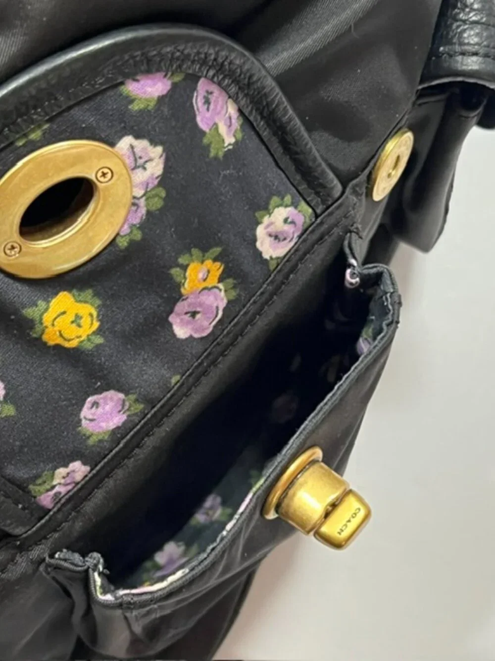 COACH Legacy Nylon and Leather Large Backpack Black w/drawstring & flap closure